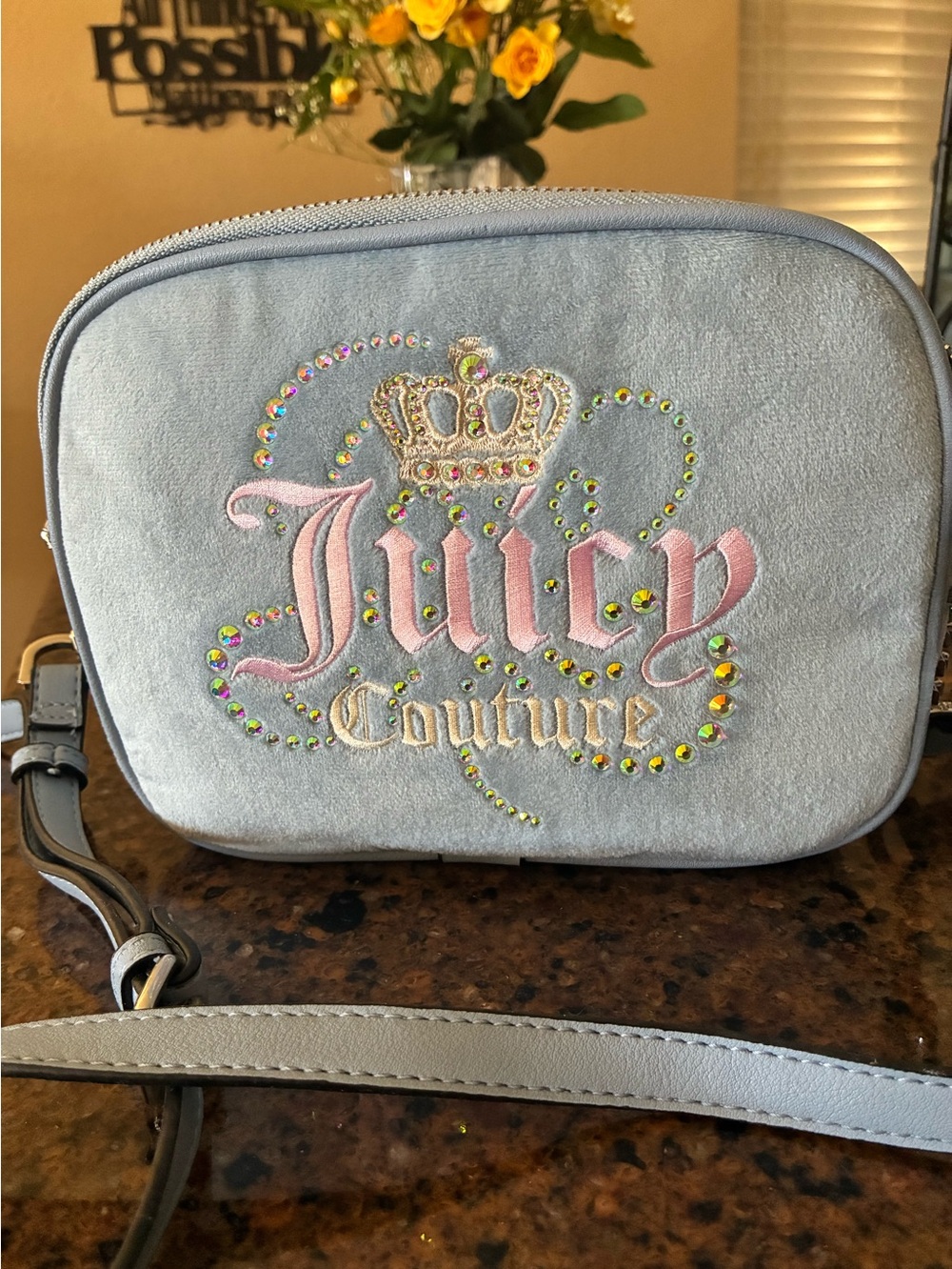 Juicy Couture Light Blue Suede Crossbody with Pink Script & Crystal Accents